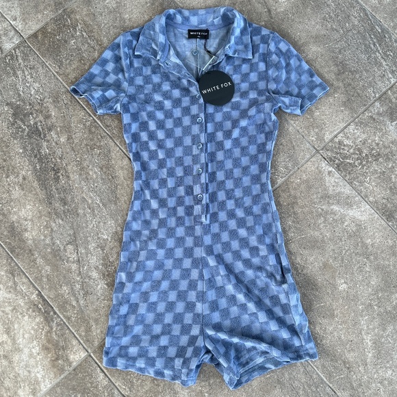 White Fox NWT Throw It Back Terry Playsuit Romper Size XS Steel Check - Picture 11 of 12